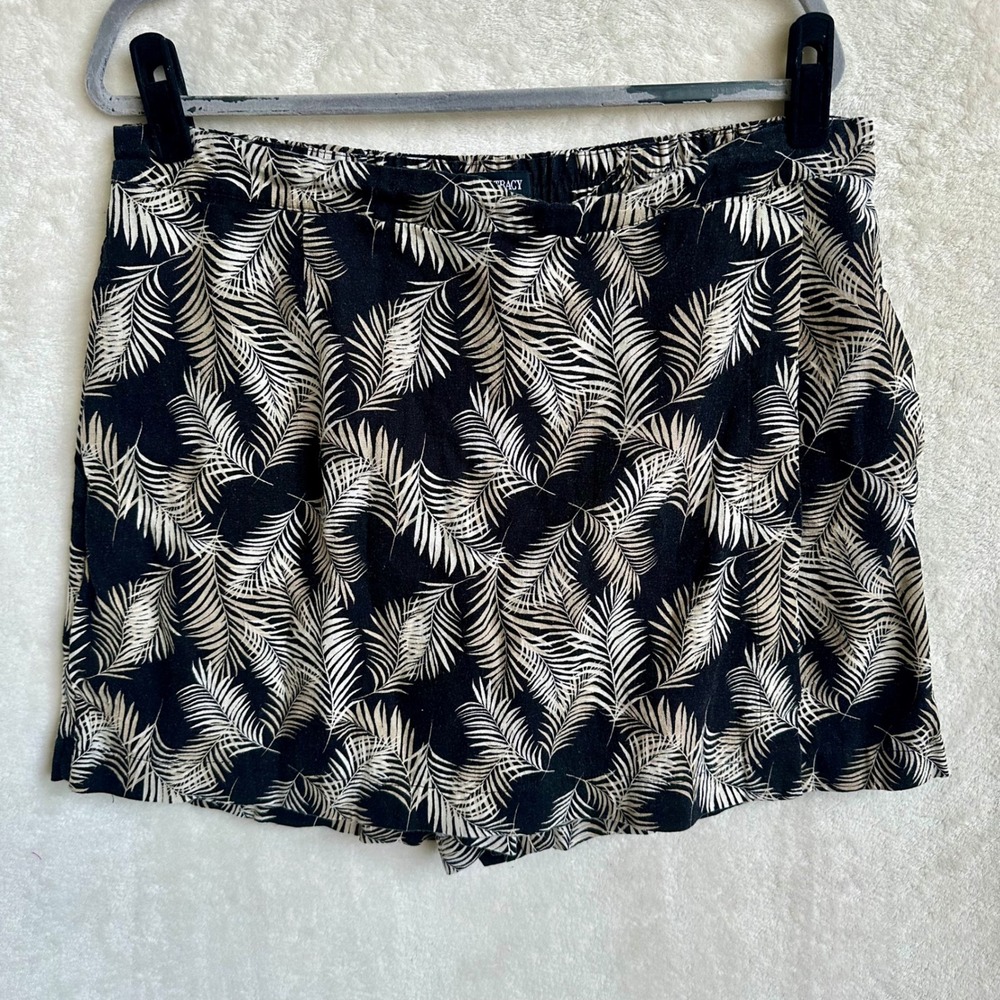 Ellen Tracy Linen Viscose Black Palm Print Pull On Skort Built In Liner XL